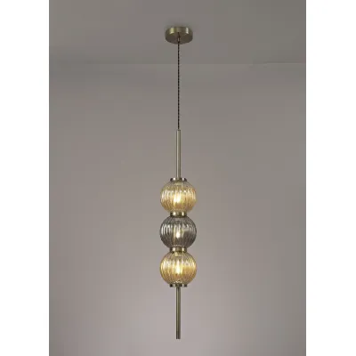 Strand Pendant, 3 x G9, Antique Brass Smoked And Amber Glass