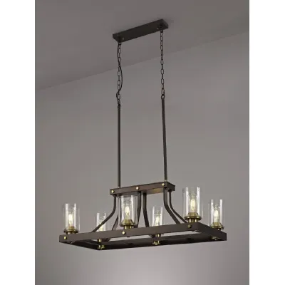 Kennington Linear Pendant 6 Light E27, Brown Oxide Gold Bronze With Clear Glass Shades