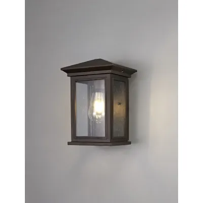 Lewes Flush Wall Lamp, 1 x E27, IP54, Antique Bronze Clear Seeded Glass, 2yrs Warranty