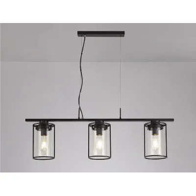 Oakley Linear Pendant, 3 Light E27, Black Clear Glass
