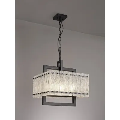 Sheppey Large Square Pendant Semi Flush, 5 Light E27, Matt Black Crystal Sand Glass