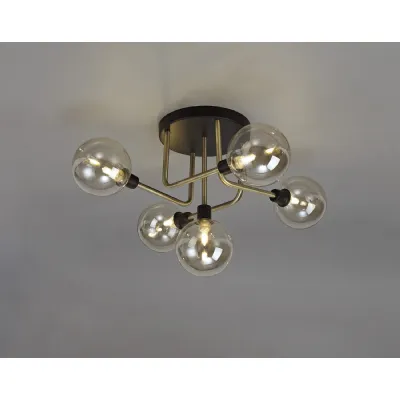 Leyton Flush Ceiling, 5 Light G9, Matt Black Antique Brass Cognac Glass