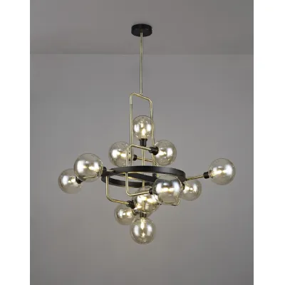 Leyton Fixed Pendant, 12 Light G9, Matt Black Antique Brass Cognac Glass