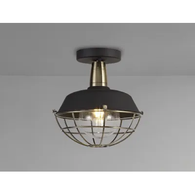 Farnham Semi Flush Ceiling, 1 Light E27, IP65, Matt Black Antique Brass, 2yrs Warranty