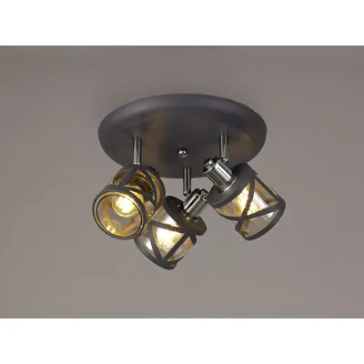 Oxted 3 Light Round Spotlight E14, Matt Grey Polished Chrome Cognac