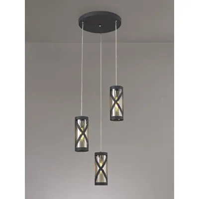 Oxted 3 Light Round Pendant E14, Matt Grey Polished Chrome Cognac
