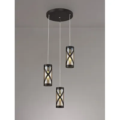 Oxted 3 Light Round Pendant E14, Oiled Bronze Polished Chrome Amber