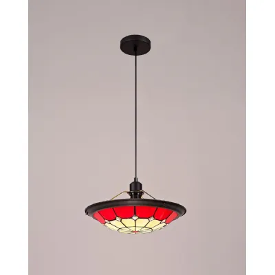 Hampshire 1 Light Pendant E27 With 35cm Tiffany Shade, Cream Red Clear Crystal Centre Aged Antique Brass Trim Black