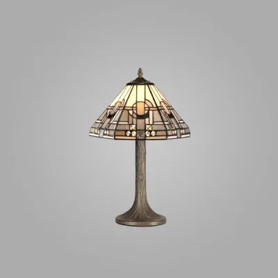 Knebworth 1 Light Tree Like Table Lamp E27 With 30cm Tiffany Shade, White Grey Black Clear Crystal Aged Antique Brass