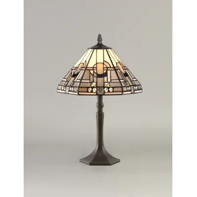 Knebworth 1 Light Octagonal Table Lamp E27 With 30cm Tiffany Shade, White Grey Black Clear Crystal Aged Antique Brass