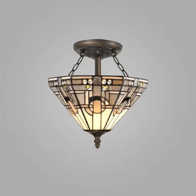 Knebworth 2 Light E27 Semi Flush With Tiffany Shade 30cm Shade, White Grey Black Clear Crystal Aged Antique Brass