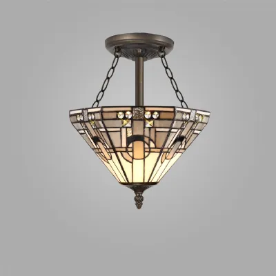 Knebworth 3 Light E27 Semi Flush With Tiffany Shade 30cm Shade, White Grey Black Clear Crystal Aged Antique Brass