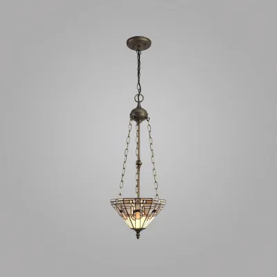 Knebworth 3 Light Uplighter Pendant E27 With 30cm Tiffany Shade, White Grey Black Clear Crystal Aged Antique Brass