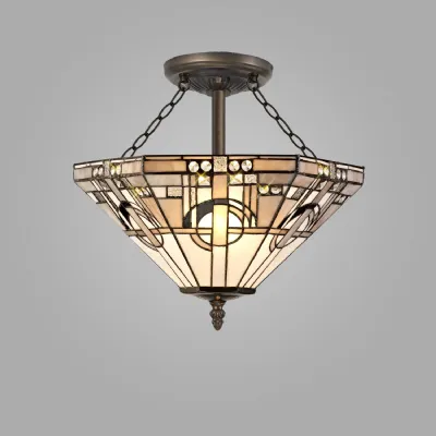 Knebworth 3 Light E27 Semi Flush With Tiffany Shade 40cm Shade, White Grey Black Clear Crystal Aged Antique Brass