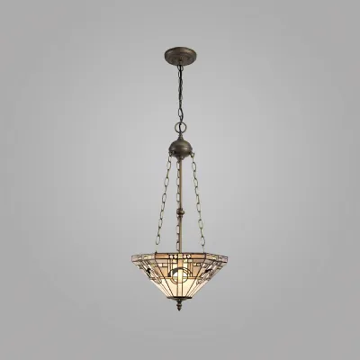 Knebworth 3 Light Uplighter Pendant E27 With 40cm Tiffany Shade, White Grey Black Clear Crystal Aged Antique Brass