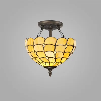 Stratford 2 Light Semi Flush E27 With 30cm Tiffany Shade, Beige Clear Crystal Aged Antique Brass