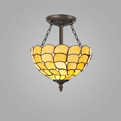 Stratford 3 Light Semi Flush E27 With 30cm Tiffany Shade, Beige Clear Crystal Aged Antique Brass