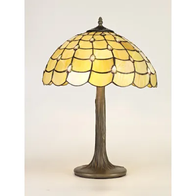 Stratford 2 Light Tree Like Table Lamp E27 With 40cm Tiffany Shade, Beige Clear Crystal Aged Antique Brass