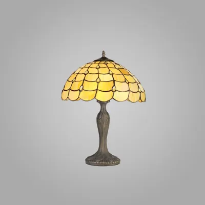 Stratford 2 Light Curved Table Lamp E27 With 40cm Tiffany Shade, Beige Clear Crystal Aged Antique Brass