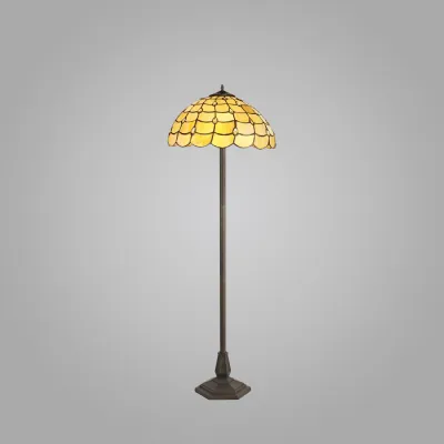 Stratford 2 Light Octagonal Floor Lamp E27 With 40cm Tiffany Shade, Beige Clear Crystal Aged Antique Brass