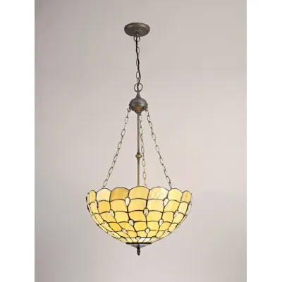 Stratford 3 Light Uplighter Pendant E27 With 50cm Tiffany Shade, Beige Clear Crystal Aged Antique Brass