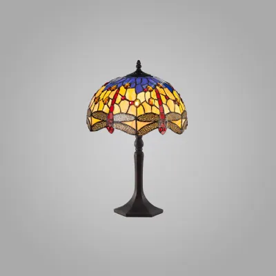 Hitchin 1 Light Octagonal Table Lamp E27 With 30cm Tiffany Shade, Blue Orange Crystal Aged Antique Brass