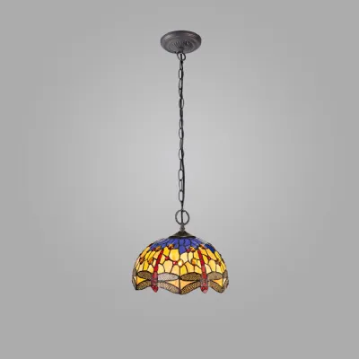 Hitchin 2 Light Downlighter Pendant E27 With 30cm Tiffany Shade, Blue Orange Crystal Aged Antique Brass