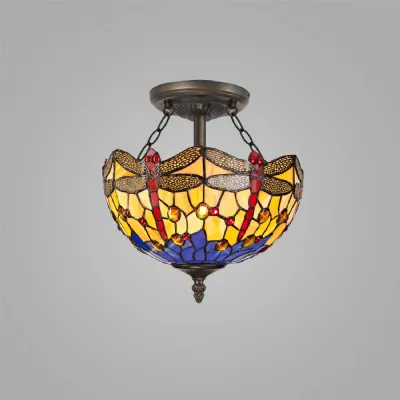 Hitchin 2 Light Semi Flush E27 With 30cm Tiffany Shade, Blue Orange Crystal Aged Antique Brass