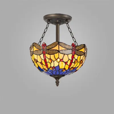 Hitchin 3 Light Semi Flush E27 With 30cm Tiffany Shade, Blue Orange Crystal Aged Antique Brass