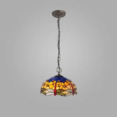Hitchin 3 Light Downlighter Pendant E27 With 40cm Tiffany Shade, Blue Orange Crystal Aged Antique Brass