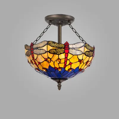 Hitchin 3 Light Semi Flush E27 With 40cm Tiffany Shade, Blue Orange Crystal Aged Antique Brass