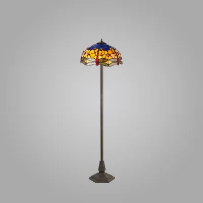 Hitchin 2 Light Octagonal Floor Lamp E27 With 40cm Tiffany Shade, Blue Orange Crystal Aged Antique Brass
