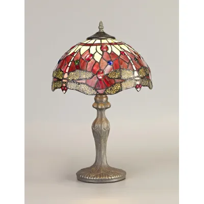 Hitchin 1 Light Curved Table Lamp E27 With 30cm Tiffany Shade, Purple Pink Crystal Aged Antique Brass