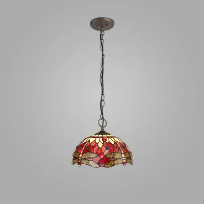 Hitchin 3 Light Downlighter Pendant E27 With 30cm Tiffany Shade, Purple Pink Crystal Aged Antique Brass