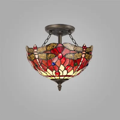 Purple Pink Antique Brass Semi Flush 2 E27 Uplighter Pendant