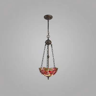 Hitchin 2 Light Uplighter Pendant E27 With 30cm Tiffany Shade, Purple Pink Crystal Aged Antique Brass