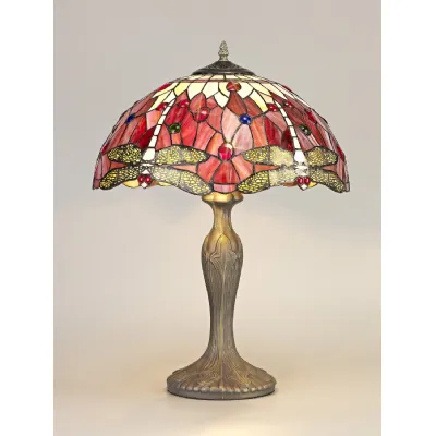 Hitchin 2 Light Curved Table Lamp E27 With 40cm Tiffany Shade, Purple Pink Crystal Aged Antique Brass