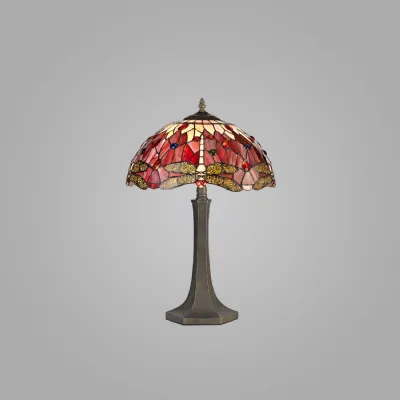 Hitchin 2 Light Octagonal Table Lamp E27 With 40cm Tiffany Shade, Purple Pink Crystal Aged Antique Brass