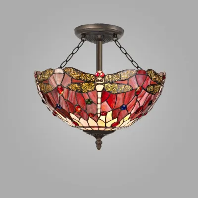 Hitchin 3 Light Semi Flush E27 With 40cm Tiffany Shade, Purple Pink Crystal Aged Antique Brass