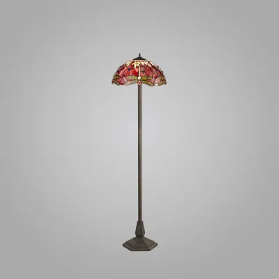 Hitchin 2 Light Octagonal Floor Lamp E27 With 40cm Tiffany Shade, Purple Pink Crystal Aged Antique Brass
