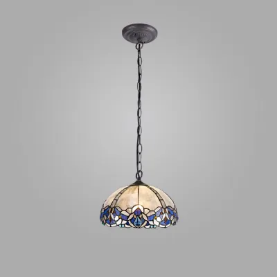 Ardingly 1 Light Downlight Pendant E27 With 30cm Tiffany Shade, Blue Clear Crystal Aged Antique Brass
