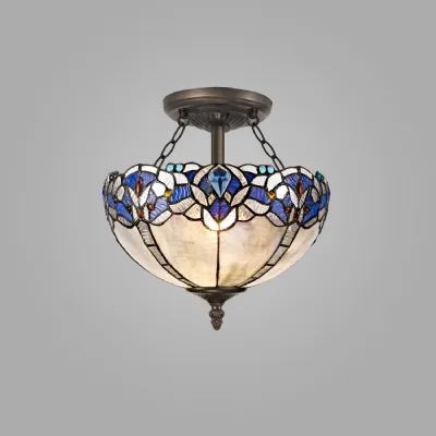 Ardingly 2 Light Semi Flush E27 With 30cm Tiffany Shade, Blue Clear Crystal Aged Antique Brass