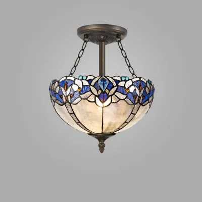 Blue Antique Brass 3 E27 Semi Flush Uplighter Pendant