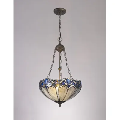 Ardingly 2 Light Uplighter Pendant E27 With 40cm Tiffany Shade, Blue Clear Crystal Aged Antique Brass