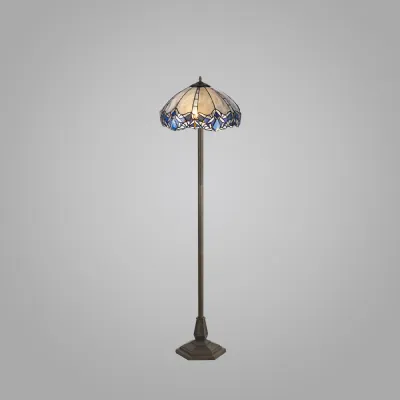 Ardingly 2 Light Octagonal Floor Lamp E27 With 40cm Tiffany Shade, Blue Clear Crystal Aged Antique Brass