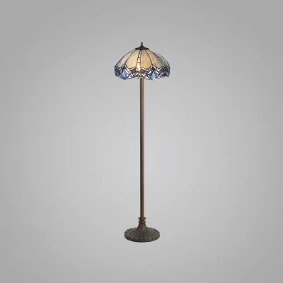 Ardingly 2 Light Stepped Design Floor Lamp E27 With 40cm Tiffany Shade, Blue Clear Crystal Aged Antique Brass