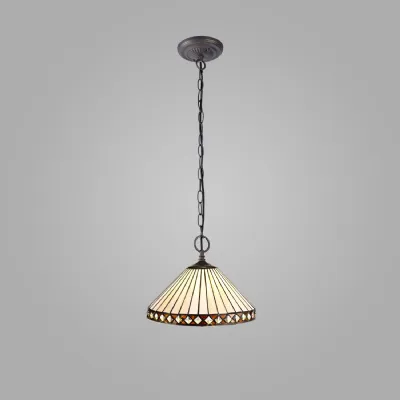 Rayleigh 2 Light Downlighter Pendant E27 With 30cm Tiffany Shade, Amber Cream Crystal Aged Antique Brass