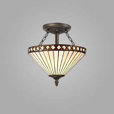 Rayleigh 2 Light Semi Flush E27 With 30cm Tiffany Shade, Amber Cream Crystal Aged Antique Brass