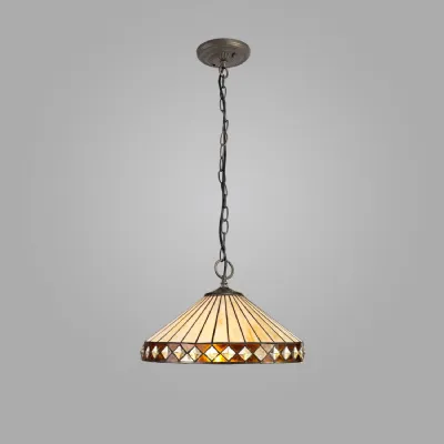 Rayleigh 3 Light Downlighter Pendant E27 With 40cm Tiffany Shade, Amber Cream Crystal Aged Antique Brass