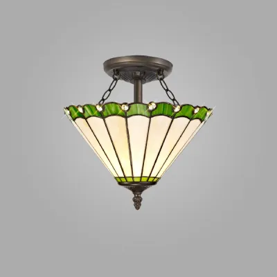 Ware 2 Light Semi Flush E27 With 30cm Tiffany Shade, Green Cream Crystal Aged Antique Brass